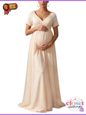 Maternity Maxi Dress Short Sleeve Chiffon Tulle Baby Shower Gown